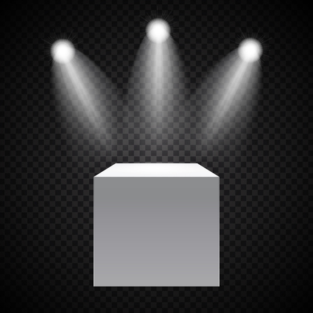Exhibition Concept, White Empty Box, Stand with Illumination on Gray Background. Template for Your Content. 3d Vector Illustrationのイラスト素材