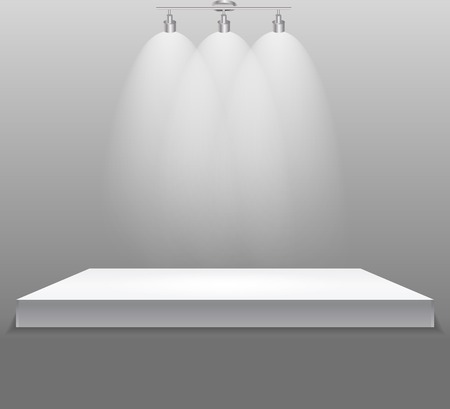 Exhibition Concept, White Empty Shelf  Stand with Illumination on Gray Background. Template for Your Content. 3d Vector Illustrationのイラスト素材