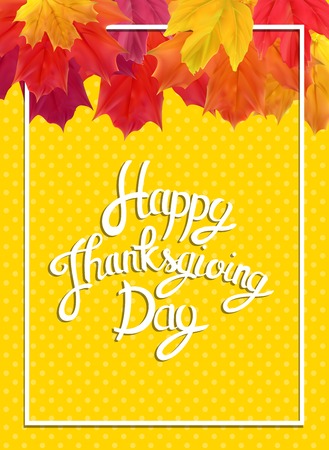 Happy Thanksgiving Day Background with Shiny Autumn Natural Leaves. Vector Illustrationのイラスト素材