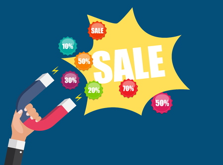 Business concept of hand hold magnet attract sales and discount labes .Vector Illustrationのイラスト素材