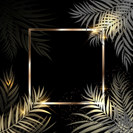 Beautiful palm tree leaf golden silhouette background with frame vector illustration.のイラスト素材