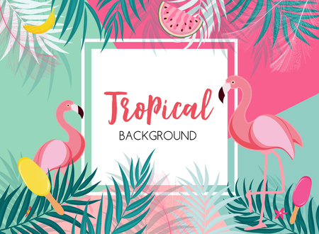 Cute Summer Abstract Frame Background with Pink Flamingo Vector Illustration.のイラスト素材