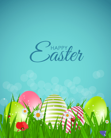 Happy Easter Natural Background with Eggs, grass, flower. Vector Illustrationのイラスト素材