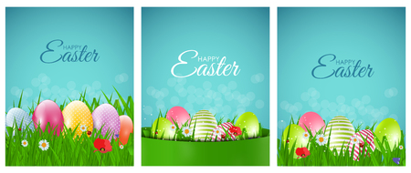 Happy Easter Natural Background with Eggs, grass, flower. Vector Illustrationのイラスト素材