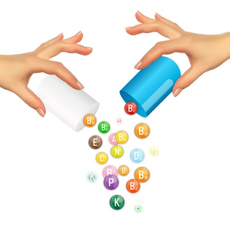 Realistic 3D Silhouette of hand with Vitamin and Antioxidant Complex. Vector Illustrationのイラスト素材