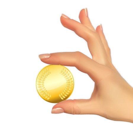 Realistic 3D Silhouette of hand with gold coin. Vector Illustrationのイラスト素材