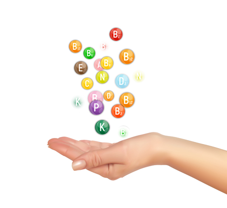 Realistic 3D Silhouette of hand with Vitamin and Antioxidant Complex. Vector Illustrationのイラスト素材