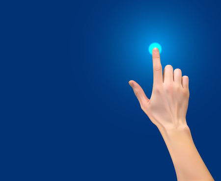 Realistic 3D Silhouette of  hand with inger pressing a button on Blue Background. Vector Illustrationのイラスト素材