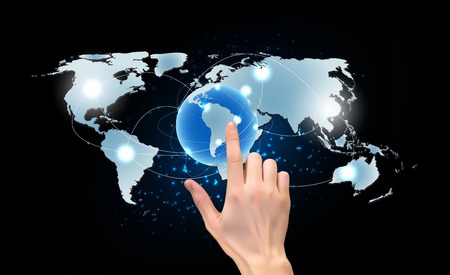Realistic hand pressing a button on a global mapのイラスト素材