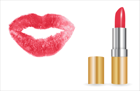 3D Model of realistic red lipstick with lip print. Vector Illustration.のイラスト素材