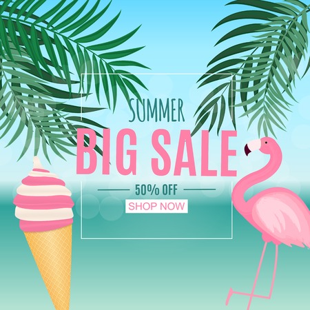 Abstract Summer Sale Background with Palm Leaves and Flamingo. Vector Illustrationのイラスト素材