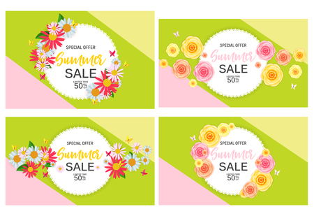 Abstract Flower Summer Sale Background with Frame and Flowers Collection Set. Vector Illustrationのイラスト素材