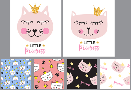 Little Cute Cat Princess Background and Seamless Pattern. Vector illustrationのイラスト素材