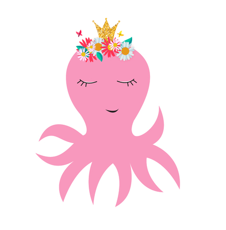 Little cute octopus princess with crown and flowers for card and shirt design. Vector Illustration EPS10のイラスト素材