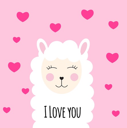 Little cute llama with heart for card and shirt design. I Love you concept. Vector Illustrationのイラスト素材