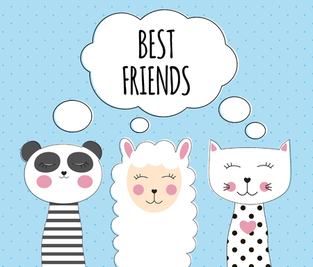 Little cute llama, panda and cat for card and shirt design. Best Friend Concept. Vector Illustrationのイラスト素材