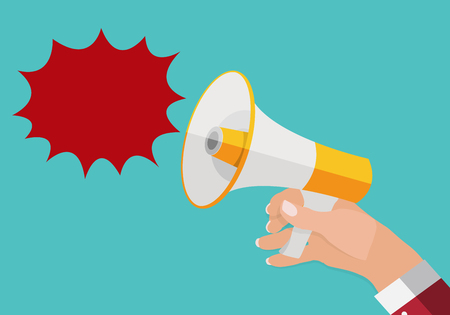 Hand holds Megaphone and outgoing Speech Bubble. Vector Illustrationのイラスト素材