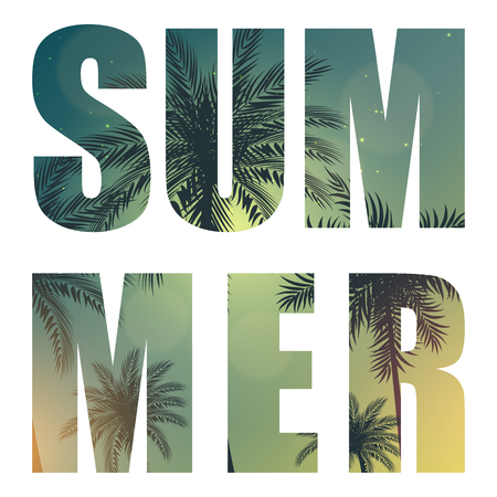 Summer Word from Beautifil Palm Tree Leaf  Silhouette Background Vector Illustrationのイラスト素材