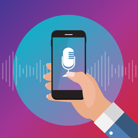 Hand with mobile phone with microphone button and intelligent technologies in flat style.  Personal assistant and voice recognition concept. Vector Illustrationのイラスト素材