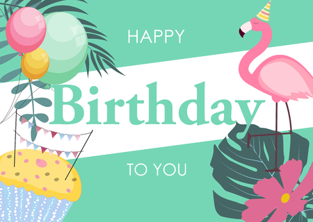 Birthday Card with Flamingo, Balloons and Palm Leaves, Congratulation Template Vector Illustrationのイラスト素材