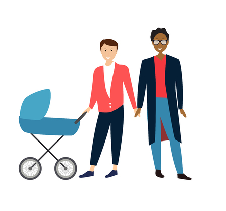 Two Gay Cartoon men couple with baby in a stroller. Vector Illustrationのイラスト素材
