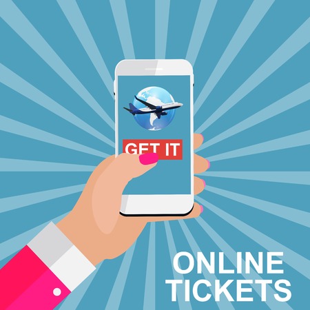 Hand holding a mobile phone. Buy air tickets online concept. Vector Illustration EPS10のイラスト素材