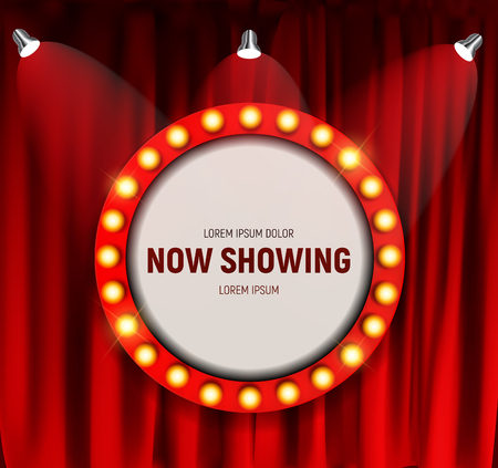 Realistic retro cinema Now Showing announcement board with bulb frame on curtains background. Vector Illustrationのイラスト素材