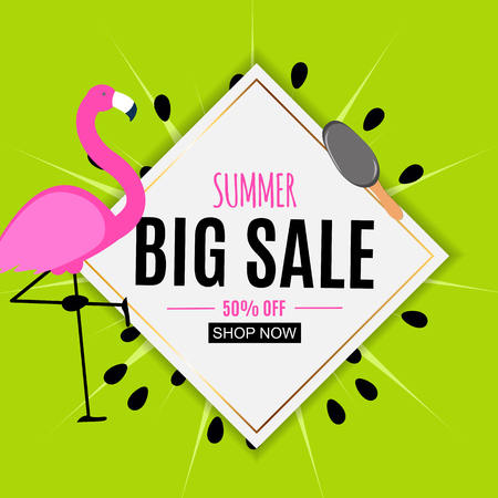 Abstract Summer Sale Background with Palm Leaves and Flamingo. Vector Illustration EPS10のイラスト素材