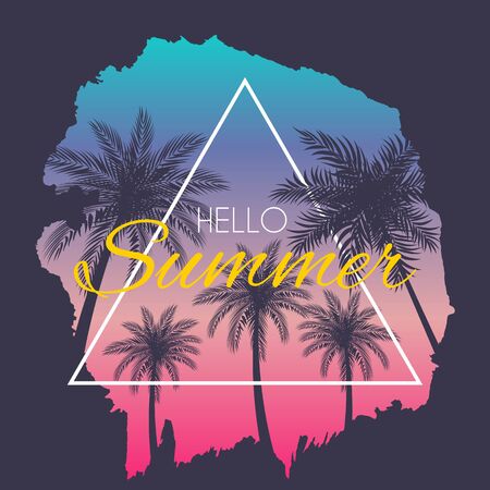 Beautifil Palm Tree Leaf  Silhouette Hello Summer Background Vector Illustrationのイラスト素材
