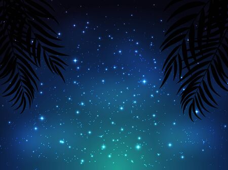 Night shining starry sky background with Palm Leaves. Vector Illustration EPS10のイラスト素材