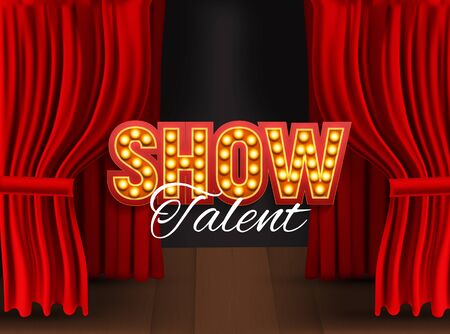 Realistic Show announcement board with bulb frame on curtains background. Vector Illustrationのイラスト素材