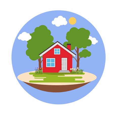 House with trees and flowers. Flat Background. Vector Illustrationのイラスト素材