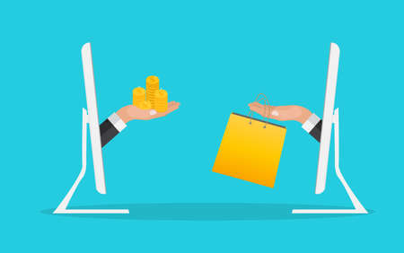 Online Shopping concept background with hand, money, shopping bag and computer . Vector Illustration EPS10のイラスト素材