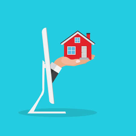 Real estate concept.  Buy house poster with men hands paying money for the home building.のイラスト素材