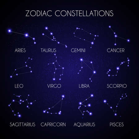 Set of 12 Zodiacal Constellations on the Background of Cosmic Sky Vector Illustration EPS10のイラスト素材