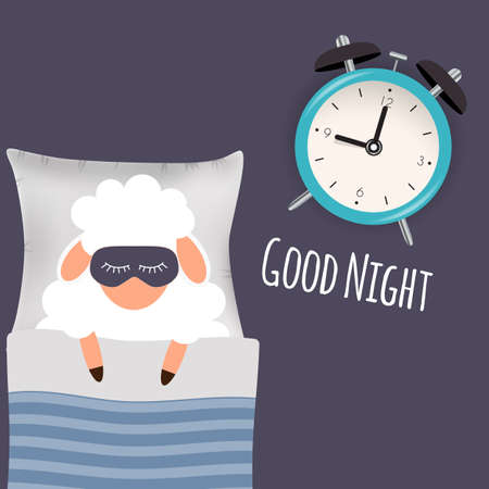 Cute little sheep in bed with alarm clock. Good night. vector illustration. EPS10のイラスト素材