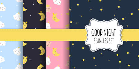 Collection of Kids Seamless Pattern Backgrounds with Cute Night Stars, Moon and Cloud. Vector Illustrationのイラスト素材