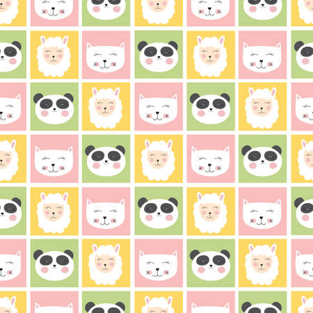 Cute seamless pattern with animals panda, cat and sheep for kids, child background. Vector illustrationのイラスト素材