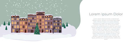 Merry Christmas and Happy New Year Card with Little Town in retro Style. Vector Illustrationのイラスト素材