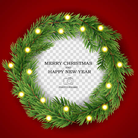 Merry Christmas and Happy New Year Photo Frame Template. Vector Illustrationのイラスト素材