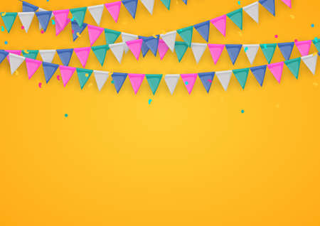 Banner with garland of flags and ribbons. Holiday Party background for birthday party, carnaval. Vector Illustrationのイラスト素材