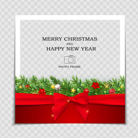 Merry Christmas and Happy New Year Photo Frame Template. Vector Illustrationのイラスト素材
