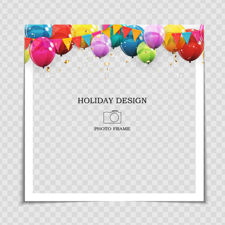Party Holiday Photo Frame Template with balloons for post in Social Network. Vector Illustration.のイラスト素材