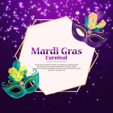 Mardi Gras carnaval Background.Traditional mask with feathers and confetti for fesival, masquerade, parade.Template for design invitation, flyer, poste, banners. Vector Illustrationのイラスト素材