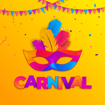 Carnaval Background.Traditional mask with feathers and confetti for fesival, masquerade, parade.Template for design invitation, flyer, poste, banners. Vector Illustrationのイラスト素材