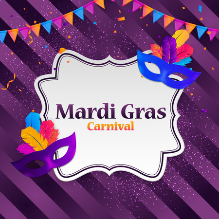 Mardi Gras carnaval Background.Traditional mask with feathers and confetti for fesival, masquerade, parade.Template for design invitation, flyer, poste, banners. Vector Illustrationのイラスト素材