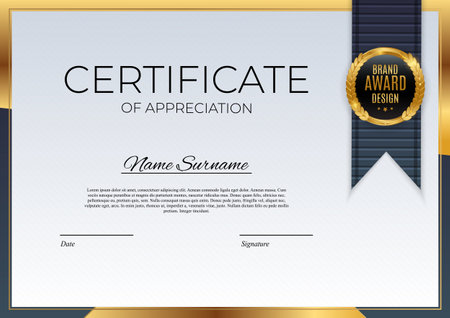 Blue and gold Certificate of achievement template Background with gold badge and border. Award diploma design blank. Vector Illustration EPS10のイラスト素材