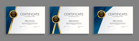 Blue and gold Certificate of achievement template set Background with gold badge and border. Award...