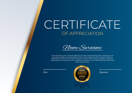 Blue and gold Certificate of achievement template set Background with gold badge and border. Award diploma design blank. Vector Illustrationの写真素材