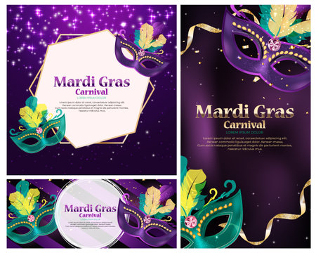 Carnaval Background set.Traditional mask with feathers and confetti for fesival, masquerade, parade.Template for design invitation,flyer, poster, banners. Vector Illustrationのイラスト素材
